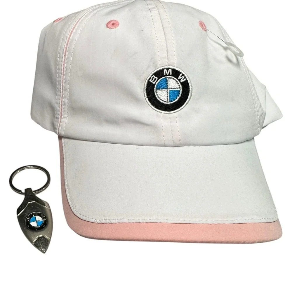 BMW Lifestyle White Pink Adjustable Hat Cap Logo Womens w/ Bonus Keychain